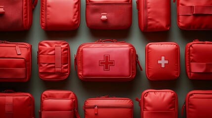 A Collection of Red First Aid Kits with White Crosses