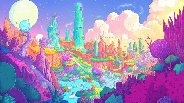 A colorful cartoon landscape featuring humorous characters on an adventurous quest,