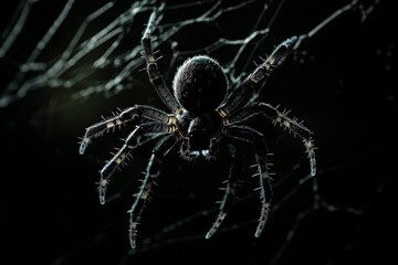 Obraz premium A creepy spider silhouette on an intricate web set against a black background evokes an ominous Halloween nighttime atmosphere