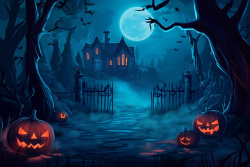 Halloween night background with pumpkins, a haunted house, and spooky trees in the style of vector illustration design template for a greeting card or poster. The path leads out of the gate to a myste