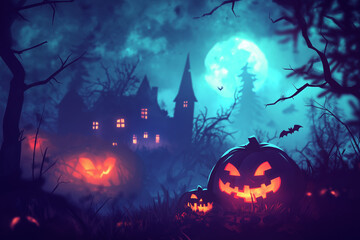 Halloween night background with pumpkins, a haunted house, and spooky trees in the style of vector illustration design template for a greeting card or poster. The path leads out of the gate to a myste