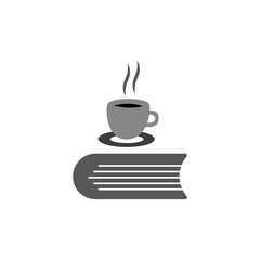 Coffee cup on book icon. Vector reading and relaxation symbol. Minimalist black and gray design.