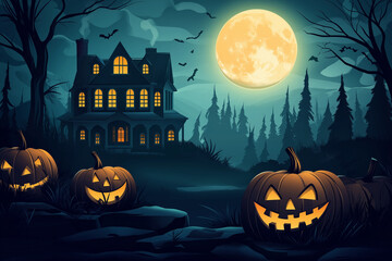 Halloween night background with pumpkins, a haunted house, and spooky trees in the style of vector illustration design template for a greeting card or poster. The path leads out of the gate to a myste