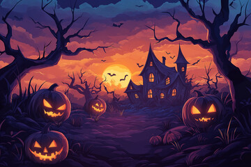Halloween night background with pumpkins, a haunted house, and spooky trees in the style of vector illustration design template for a greeting card or poster. The path leads out of the gate to a myste