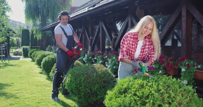 Caucasian man and woman pruning overgrown bushes together on back yard. Two competent gardeners using scissors and electric trimmer during work with plants.