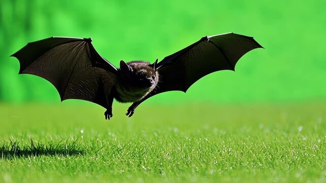 Bat is flying in the air with its wings spread out, captured against a vibrant green screen background. Perfect for compositing and visual effects projects