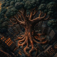 Obraz premium Enchanted Tree in Futuristic Cityscape at Dusk with Illuminated Windows