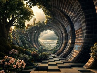 Futuristic Landscape With Lush Greenery and Curved Architectural Structures