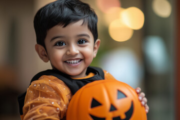 Little Indian Boy Wearing Halloween Costume Ready to Trick-or-Treat