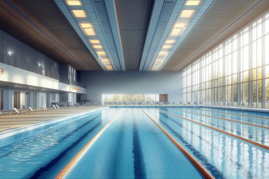 A modern indoor olympic swimming pool captures the essence of competitive swimming and aquatic training in a spacious, well-lit environment