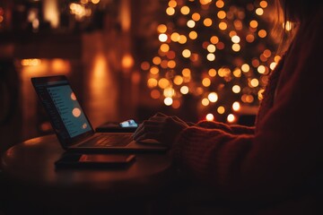 Remote Worker Typing on Laptop in a Cozy Coffee Shop Corner with Warm Lighting