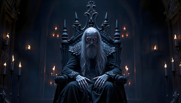 An elder vampire king sitting on his throne. He looks evil with his red glowing eyes. - Generative AI