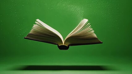 Open book with pages turning is floating on a vibrant green screen background, ideal for compositing and digital manipulation