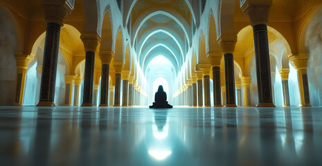 A person is sitting in a long, narrow room with yellow pillars