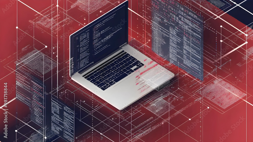 Poster a laptop is open to a screen with a lot of code on it