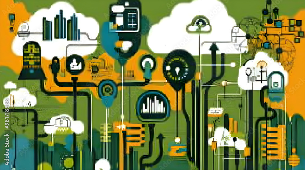 Poster a colorful drawing of a network of wires and clouds