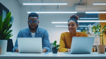 Two Colleagues Collaborating at a Bright Desk in a Minimalistic Corporate Office