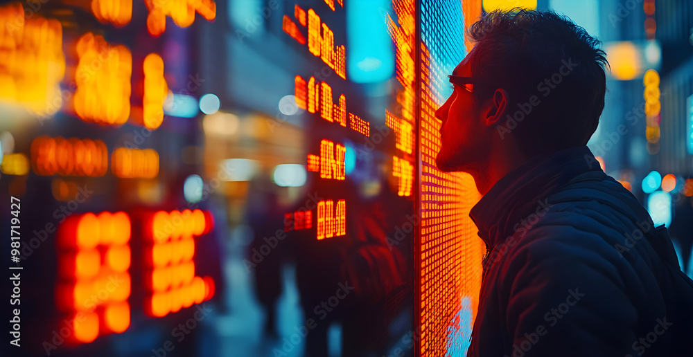 Poster a man is looking at a large screen with many numbers on it