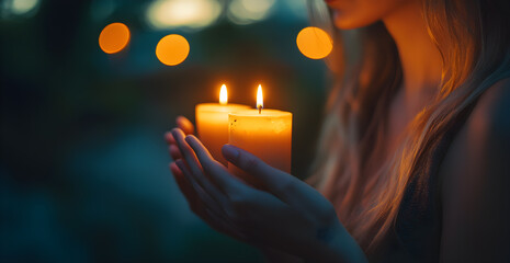 A woman is holding two candles in her hands
