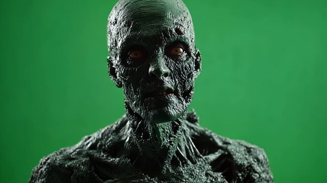 Scary zombie man with green skin and a terrifying expression is posing on a green screen background, ready for visual effects and movie magic