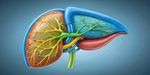 Detailed vector illustration of the liver and gallbladder on a light gray background, showcasing the hepatic vessels and bile ducts in bright blue and yellow