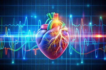 An anatomical vector graphic of the heart with colorful ECG leads wrapped around it, highlighting the reversal of leads, with a subtle electrocardiogram waveform pattern