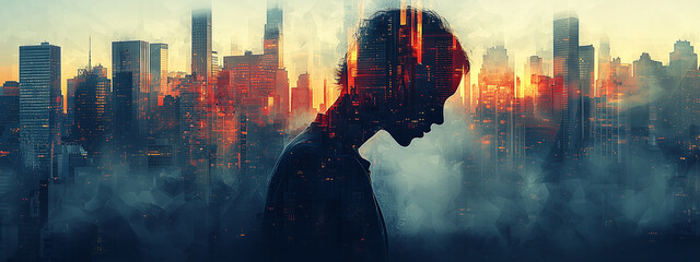 Urban landscape, silhouette of a person with head bowed amidst towering skyscrapers at night