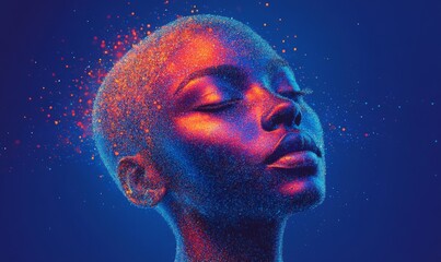 a head made of small particles on a blue background, the face of an artificial intelligence.