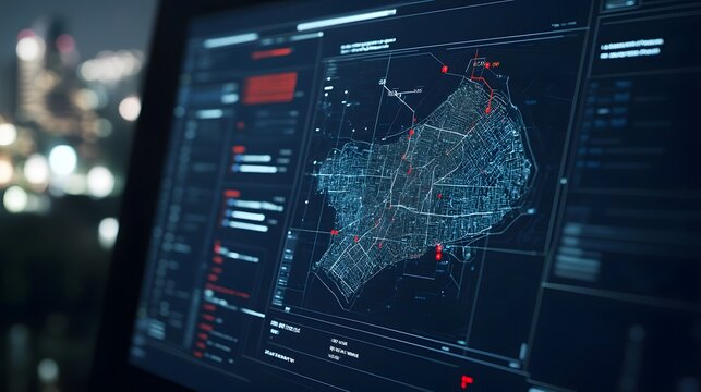 Futuristic digital interface with real-time crime prediction data, map highlighting high-risk areas and crime trends, clean dark background emphasizing advanced technology
