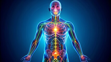 a stylized vector graphic of a human body with organs and systems highlighted in different colors showing the effects of drug therapy on the metabolism and nervous system 