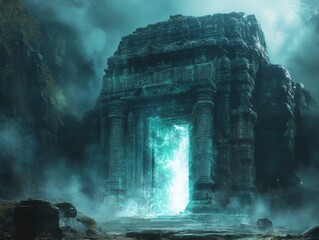 Enchanted Portal in Ancient Stone Ruin Emitting Vibrant Glow of Energy