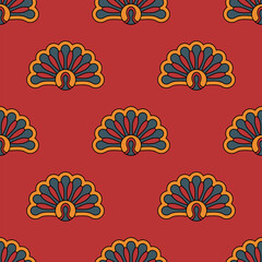 Seamless geometrical pattern with vintage palmette motifs. Folk style. On red background.