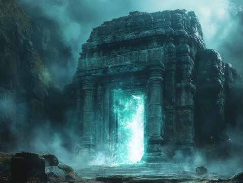 Enchanted Portal in Ancient Stone Ruin Emitting Vibrant Glow of Energy