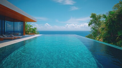 Fototapeta premium Serene Paradise: Luxurious Infinity Pool with Breathtaking Tropical Ocean View