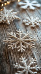 Obraz premium Close-up of glitter snowflakes on rustic