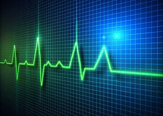 an electrocardiogram machine in the foreground with a subtle grid pattern in the background displaying a live heartbeat reading in bright green and blue hues on a dark blue backdrop