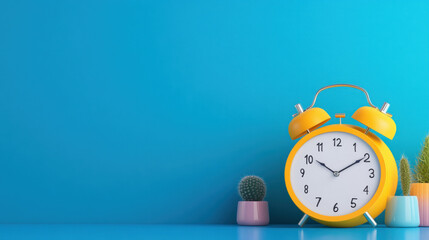 Bright yellow alarm clock on blue background with cacti in pots.