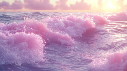 Fototapeta premium A serene view of pink waves gently rolling under a glowing sunset, creating a calming atmosphere of beauty and tranquility.