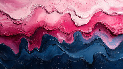 A vibrant abstract painting showcasing flowing waves of pink and blue hues, creating a soothing and dynamic visual experience.