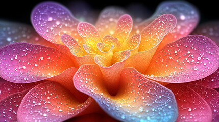 A vibrant flower with colorful petals and dew drops, showcasing nature's beauty and elegance against a dark background.