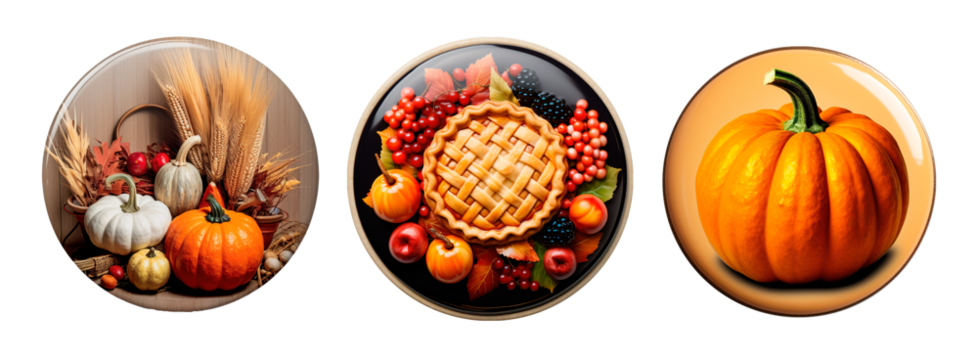 Three thanksgiving pins on white transparent background
