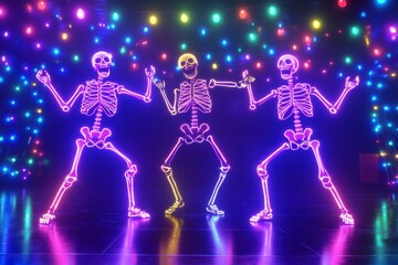 Energetic animated neon skeletons dancing on a glossy floor under colorful lights at a lively festival setting
