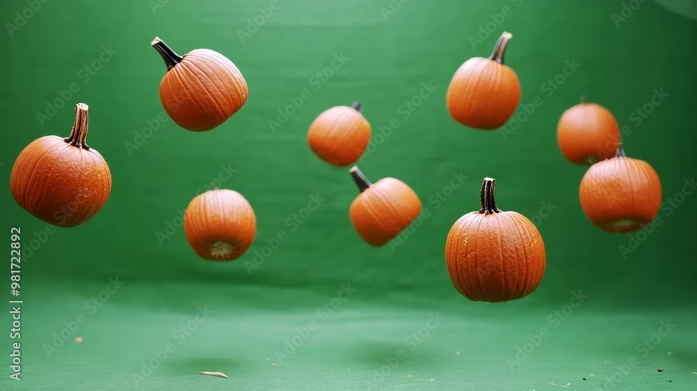 Poster multitude of pumpkins are suspended in mid air, creating a dynamic and playful scene against a vibra