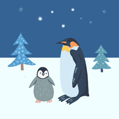 Mama penguin and cute baby penguin in night winter landscape. with stars and fir trees. Stylized vector illustration for postcards.