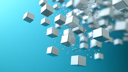 Dynamic 3D illustration of floating white cubes in a blue background, symbolizing technology, creativity, and innovation.