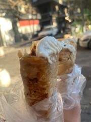 Shawarma beef with garlic sauce on top. most delicious shawarma on saj bread. Syrian food from...