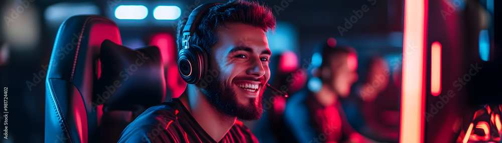 Poster a man is smiling while playing a video game