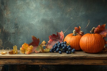 Thanksgiving pumpkins with wild grapes and falling leaves on a rustic wooden table , ai