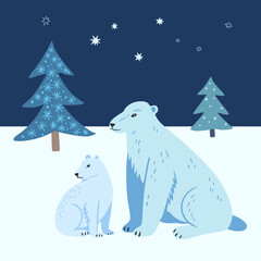 Mama bear and cute baby bear in night winter landscape. with stars and fir trees. Stylized vector illustration for postcards.
