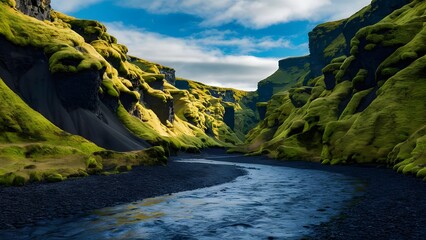 Fototapeta premium Fjaðrárgljúfur Canyon in Iceland on a Bright Day with Moss-Covered Cliffs